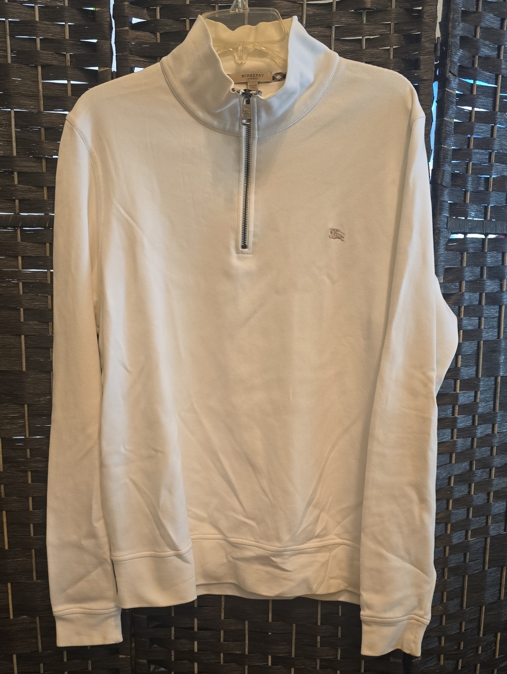 Burberry Men's Cream Quarter-Zip Pullover Sweater, Large, EUC